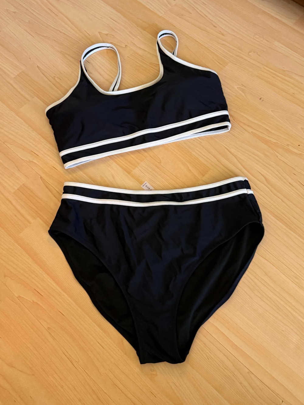 Black Two-Piece Striped Trim Bikini Set - Women Swim
